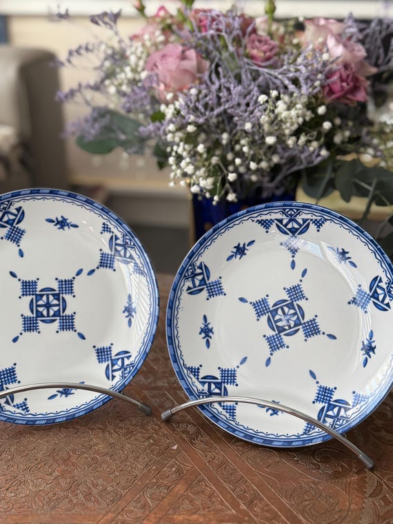 20 cmの陶器皿2枚セット、COCEMA（モロッコ、フェズ産）、ブルーの刺繍