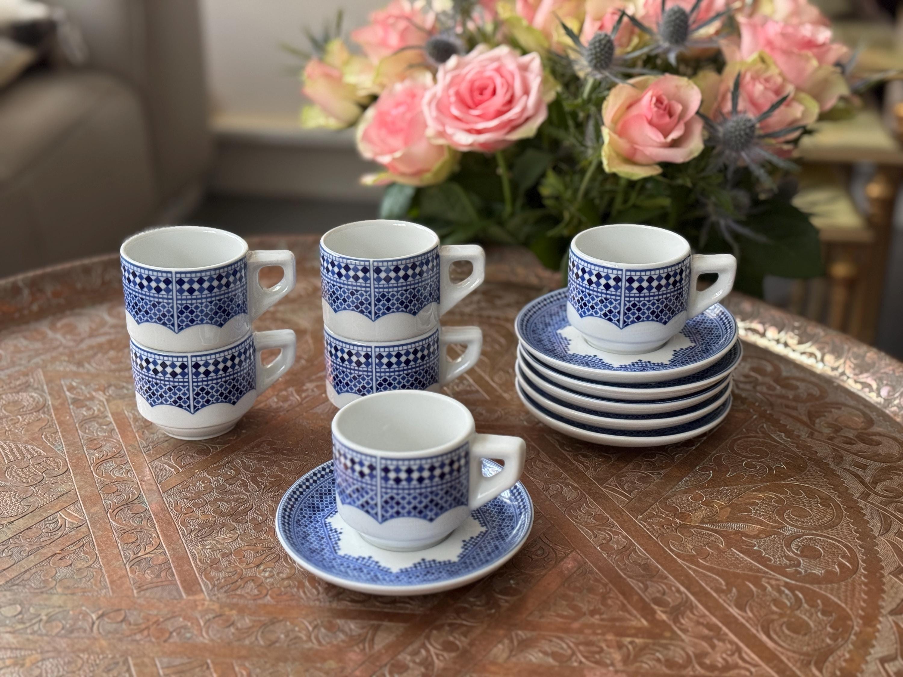 Lot De 6 Tasses Et Sous-tasses COCEMA – Porcelaine De Fès, Maroc – Vintage
