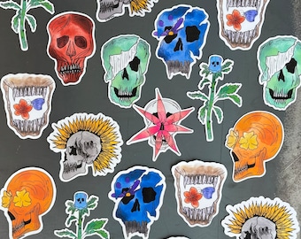 Skull and Flower Vinyl Sticker: Water-Resistant Laptop/Waterbottle Decal