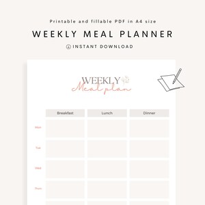 Weekly Meal Planner Template, Printable A4 Size PDF With Instant ...