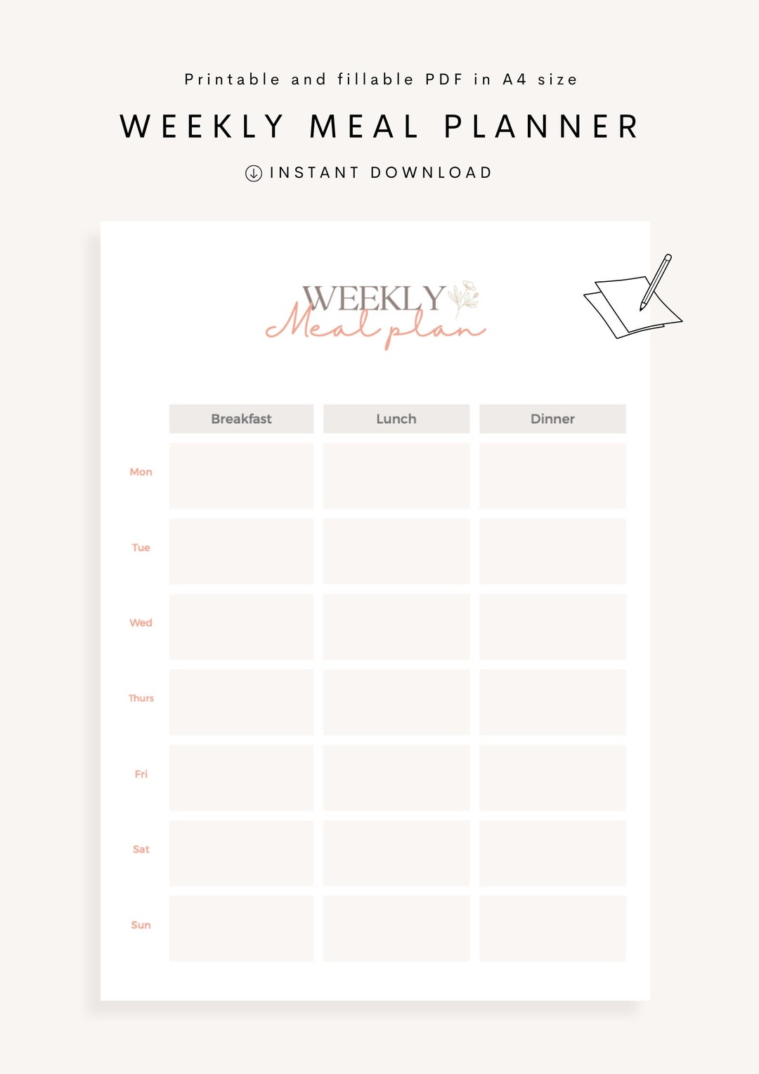 Weekly Meal Planner Template, Printable A4 Size PDF With Instant