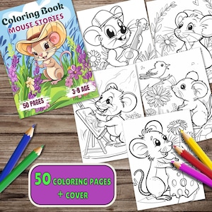50 Mouses Stories Coloring Book, Printable Cute Mouses Coloring Pages, Coloring Book for Kids, Interest and Leisure, Instant Download