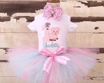 Charlotte's Web 1st Birthday Tutu Outfit, Personalized Bodysuit Baby Girl, Pig and Spider Farm Party, Smash Cake Photo