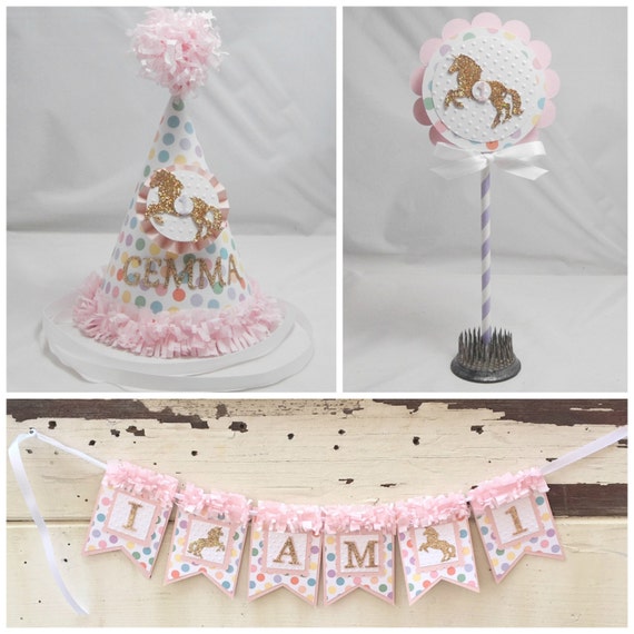 Unicorn Smash Cake Photo Props, 1st First Birthday Baby Toddler Girl, Personalized Party Hat, High Chair Highchair Banner, Cake Topper Il_570xn