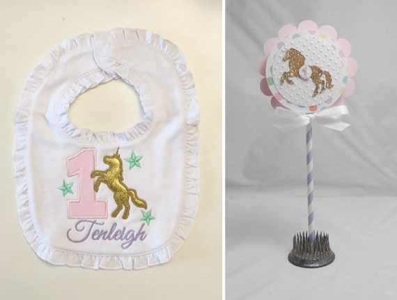 Unicorn Bib and Cake Topper Set, Baby Toddler Girl 1st First Birthday, Personalized Ruffle Bib, Smash Cake Photo Props Il_570xn