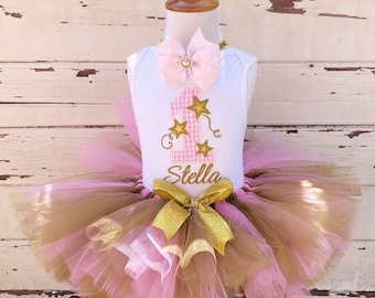 Little Star Twinkle Tutu Outfit, 1st First Birthday Baby Girl, Pink and Gold, Personalized Bodysuit, Headband Hair bow, Cake Smash Photo