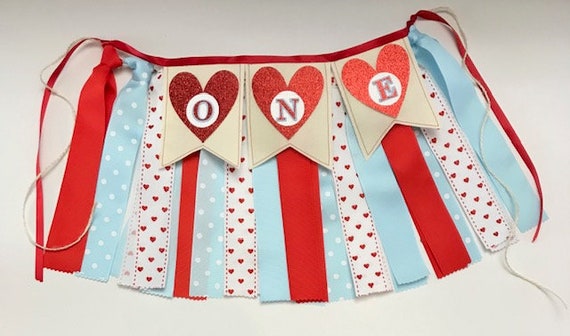 Boy Heart High Chair Banner, ONE Ribbon And Fabric Highchair Bunting, Love Valentine Birthday Party Decor Decoration Il_570xn