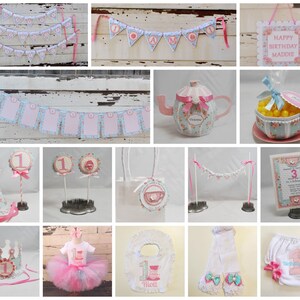 May include: A tea party themed first birthday party set with pink and blue decorations. The set includes a banner, cupcake toppers, a crown, a hat, a teapot, a cup, a bib, leg warmers, and a diaper cover. The decorations feature a floral pattern and the number one.