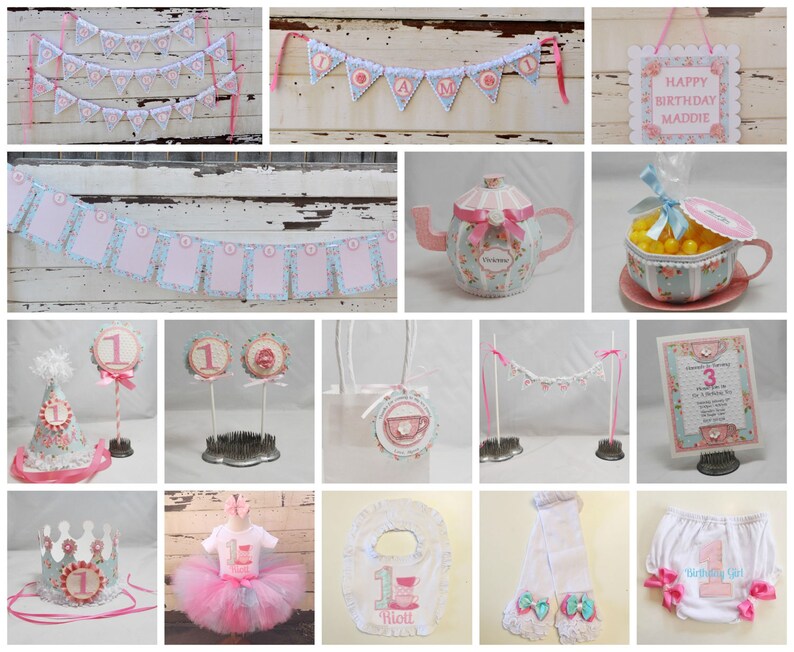 May include: A tea party themed first birthday party set with pink and blue decorations. The set includes a banner, cupcake toppers, a crown, a hat, a teapot, a cup, a bib, leg warmers, and a diaper cover. The decorations feature a floral pattern and the number one.