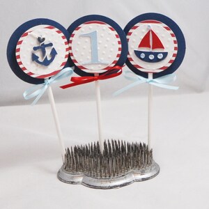Boy Nautical Cupcake Toppers, Set of 12, Little Sailor 1st First Birthday Anchor Sailboat Party Baby Shower Decor