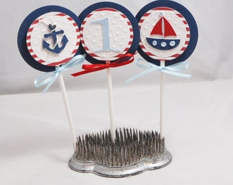 Boy Nautical Cupcake Toppers, Set of 12, Little Sailor 1st First Birthday Anchor Sailboat Party Baby Shower Decor