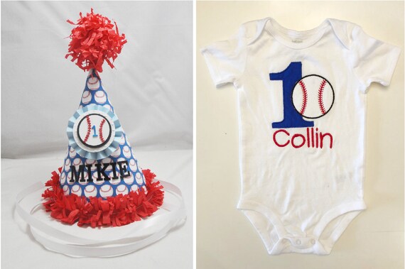 Baseball Personalized Party Hat and Bodysuit Shirt Set, 1st First Birthday Toddler Boy, Smash Cake Photo Prop, Sports Themed Party Decor Il_570xn