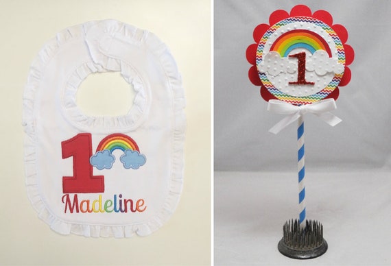 Rainbow Baby Bib and Cake Topper Set, Toddler Girl Or Boy, First 1st Birthday Smash Cake Photo Props, Personalized Ruffle Bib Il_570xn