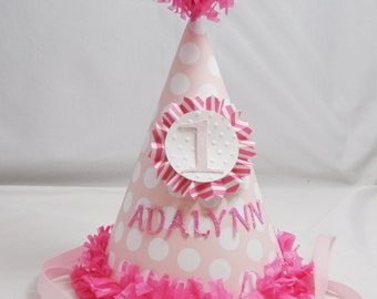 Pink Party Hat Personalized, 1st First Birthday Toddler Baby Girl, Smash Cake Photo Prop