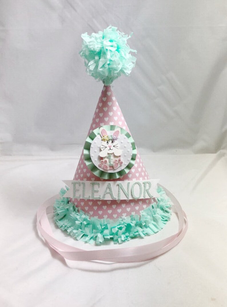 Bunny Party Hat Personalized, 1st First Birthday Baby Toddler Girl Smash Cake Photo Prop image 2