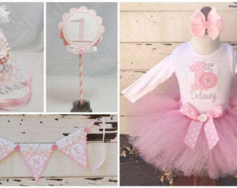 Cute As a Button Party Package, 1st Birthday Girl, Tutu Outfit. Personalized Party Hat, High Chair Banner, Photo Prop Set, Smash Cake Set