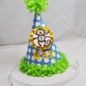 Kapelusz na imprezę Monkey, spersonalizowany na pierwsze urodziny małego chłopca, rekwizyt do zdjęć Smash Cake, spersonalizowany kapelusz w stylu Safari Jungle