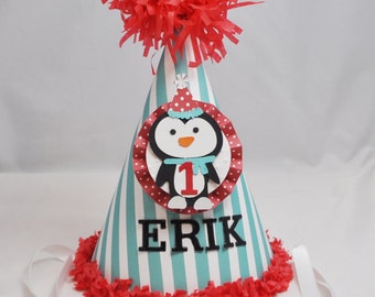 Boy Penguin Party Hat Personalized, 1st First Winter Birthday Baby Toddler Smash Cake Photo Prop