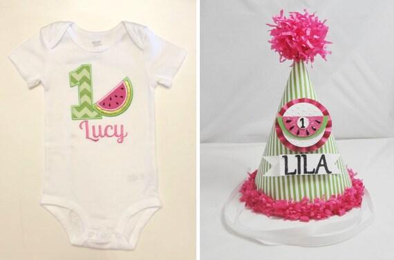 Personalized Watermelon Party Hat and Bodysuit Shirt Set, 1st First Birthday Baby Toddler Girl Smash Cake Photo Props, One in a Melon Party Il_570xn