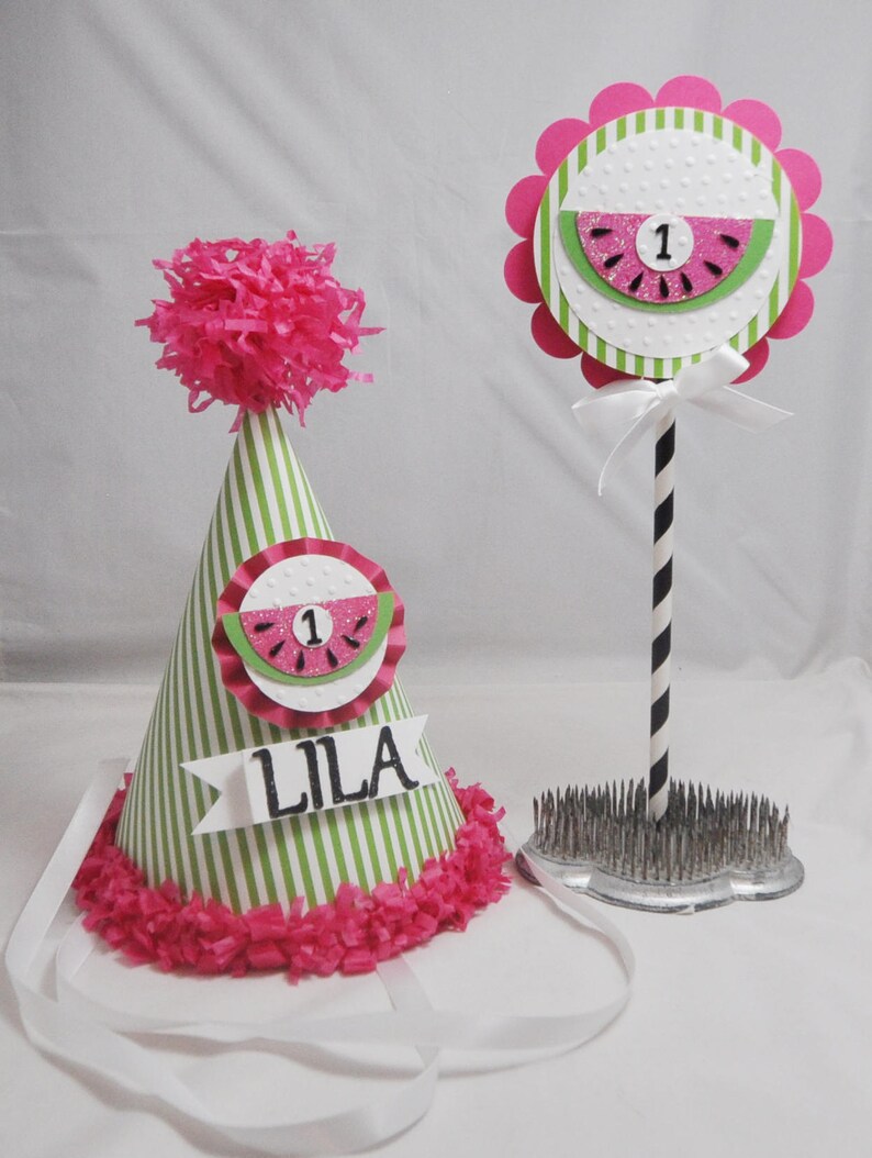 Watermelon Smash Cake Photo Props Party Package, 1st First Birthday Toddler Girl, Personalized Hat, High Chair Banner Bunting, Cake Topper image 2