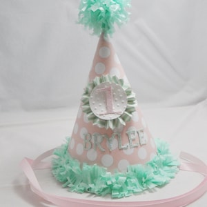 Pink and Mint Green Party Hat Personalized, Baby Toddler Girl, 1st First Birthday,  Smash Cake Photo Prop