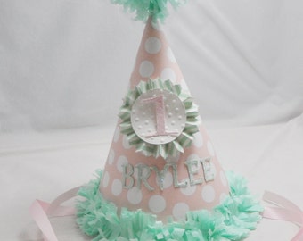 Pink and Mint Green Party Hat Personnalisé, Bébé Toddler Girl, 1er Premier Anniversaire, Smash Cake Photo Prop