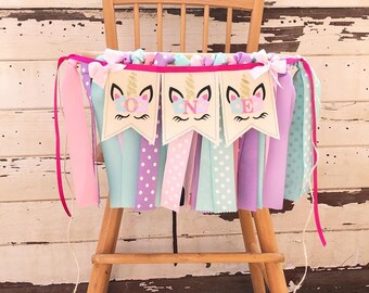 Unicorn ONE High chair Banner, 1st First Birthday Baby Toddler Girl, Highchair Bunting, Ribbon Fabric Garland