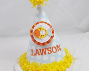 Fish Party Hat Personalized, 1st First Birthday Baby Toddler Boy or Girl, Under The Sea Smash Cake Photo Prop