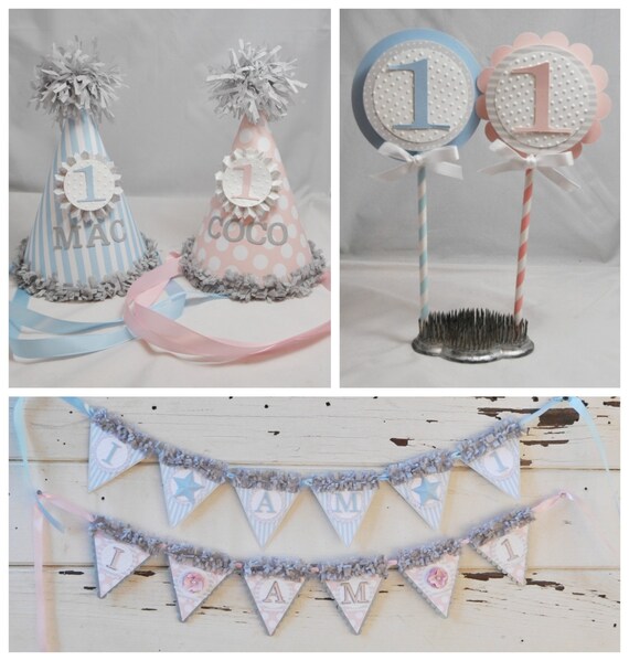 Twins 1st Birthday Smash Cake Photo Props Set, 1st Birthday Baby Toddler Boy Girl, Personalized Party Hats, Cake Toppers, High Chair Banners Il_570xn