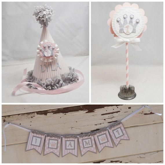 Princess Smash Cake Photo Props 3 Piece Set, 1st First Birthday Baby Toddler Girl, Personalized Crown Party Hat, High Chair Banner, Topper Il_570xn