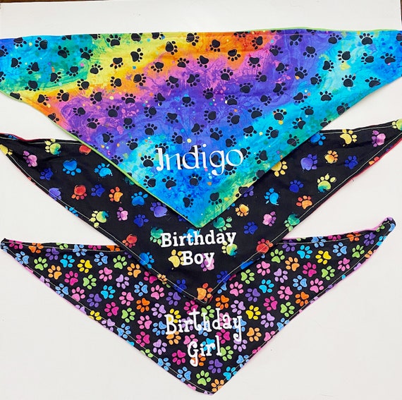 Rainbow Dog Bandana Personalized Reversible, Paw Print Themed, Birthday Girl or Boy, Pet Supplies, Gotcha Day Scarf, Puppy Party Photo Prop Il_570xn