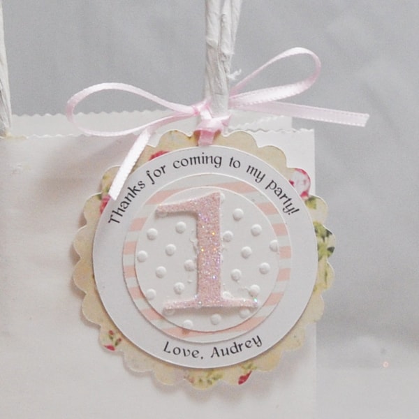 Personalized Cream Floral Thank You Favor Bag Tags, 1st First Birthday Baby Toddler Girl, Garden Party, Set of 12