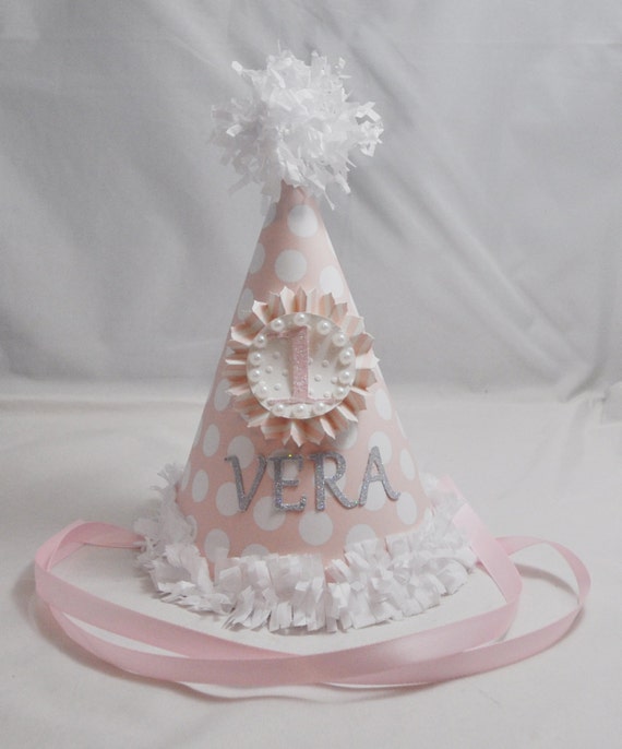 Pink and White Party Hat with Pearls Personalized, 1st First birthday Baby Toddler Girl, Custom Party Hat, Smash Cake Photo Prop Il_570xn