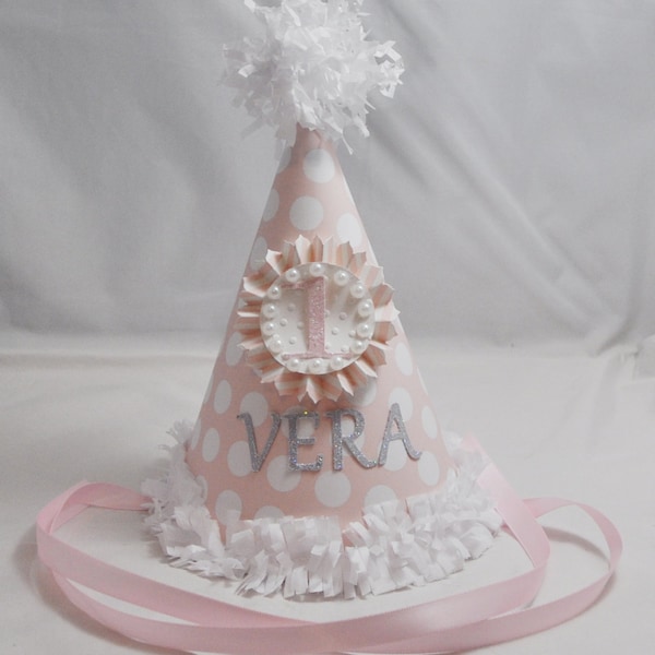 Pink and White Party Hat with Pearls Personalized, 1st First birthday Baby Toddler Girl, Custom Party Hat, Smash Cake Photo Prop