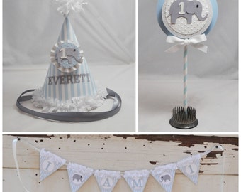 Boy Elephant Smash Cake Photo Props, Set of 3, 1st First Birthday Party Package Decor, Personalized Hat, High Chair Banner, Topper