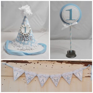 Boy Smash Cake Photo Props, 3 piece set, 1st First Birthday Baby, Personalized Polka Dot Party Hat, Topper, High Chair Banner, Shabby Chic