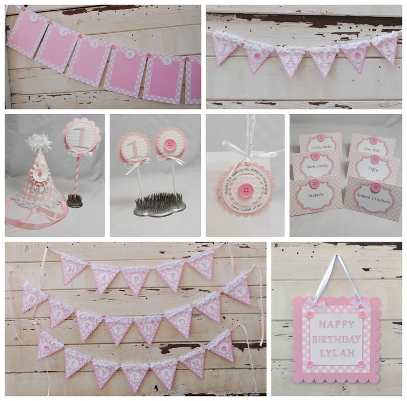 Girl 1st Birthday Cute as a Button Happy Birthday Banner with Name