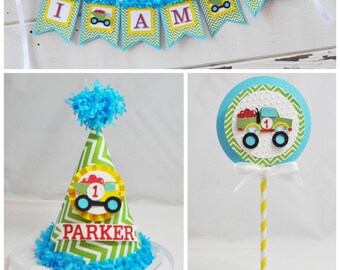 Truck Smash Cake Photo Props, 1st Birthday Boy, 3 piece set, Loads of Love, Personalized Party Hat, High Chair Banner, Cake Topper, Hearts