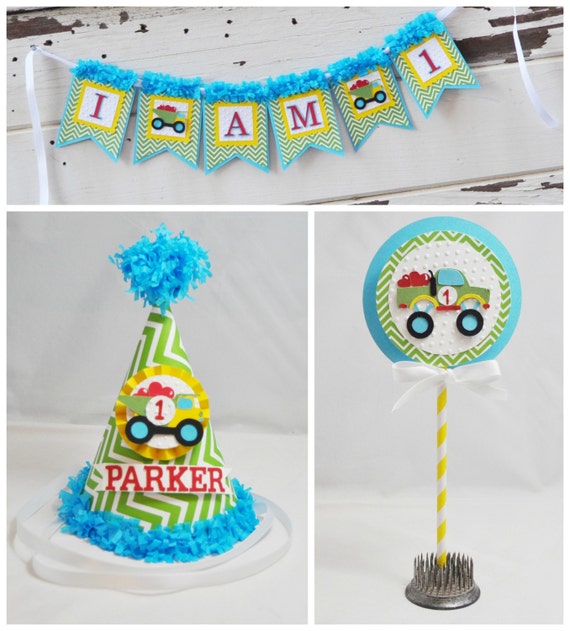 Truck Smash Cake Photo Props, 1st Birthday Boy, 3 piece set, Loads of Love, Personalized Party Hat, High Chair Banner, Cake Topper, Hearts Il_570xn