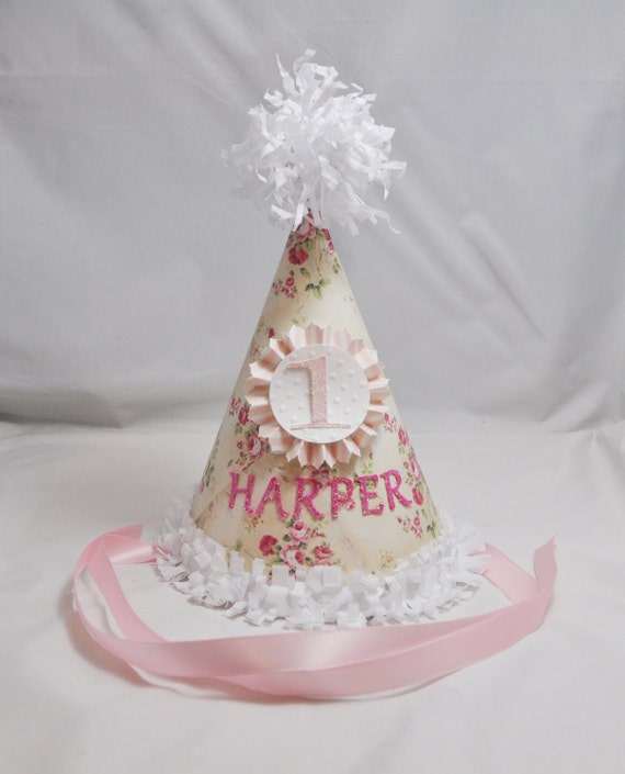 Cream Floral Personalized Party Hat, 1st Birthday Baby Toddler Girl, Smash Cake Photo Prop, Garden Party, Tea Party Decor Il_570xn