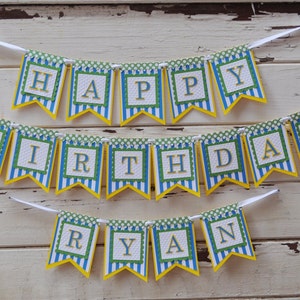 Boy Happy Birthday Banner with Name, Polka Dots and Stripes, 1st First Birthday Wall Bunting, Toddler Boy Party Decor Decorations image 1