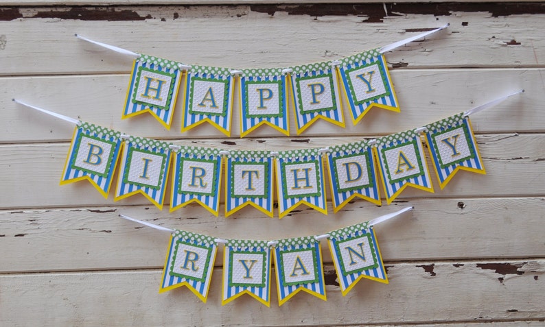 Boy Happy Birthday Banner with Name, Polka Dots and Stripes, 1st First Birthday Wall Bunting, Toddler Boy Party Decor Decorations image 1