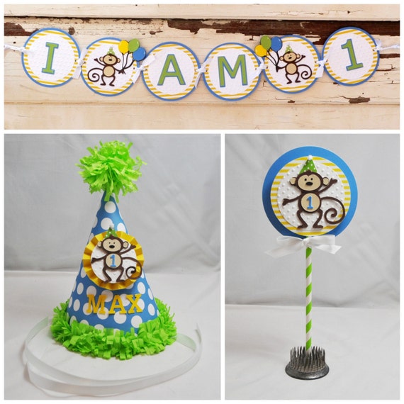 Monkey Smash Cake Photo Props, 3 Piece Set, Toddler Baby Boy First 1st Birthday Party Package, Personalized Hat, High Chair Banner, Topper Il_570xn
