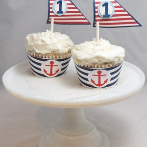 Sailboat Cupcake Toppers and Nautical Wrappers, Set of 12, Little Sailor Birthday Party Decor Decorations