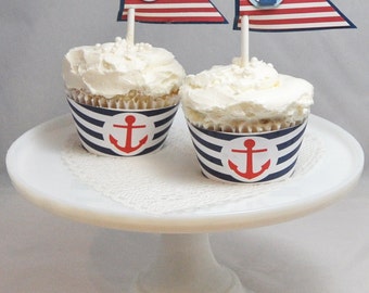 Sailboat Cupcake Toppers and Nautical Wrappers, Set of 12, Little Sailor Birthday Party Decor Decorations