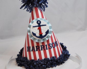 Boy Nautical Party Hat Personalized, 1st Birthday Toddler Baby Smash Cake Photo Prop, Little Sailor Anchor