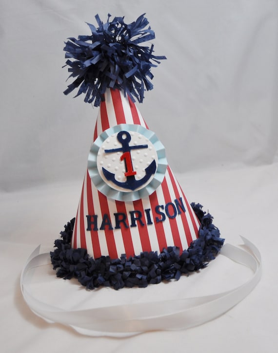 Boy Nautical Party Hat Personalized, 1st Birthday Toddler Baby Smash Cake Photo Prop, Little Sailor Anchor Il_570xn