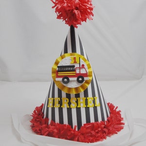 Firetruck Party Hat Personalized, 1st Birthday Baby Toddler Boy Or Girl, Firefighter Smash Cake Photo Prop
