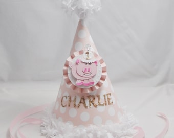 Little Pig Party Hat Personalized, 1st First Birthday Baby Toddler Girl, Smash Cake Photo Prop, Farm Theme