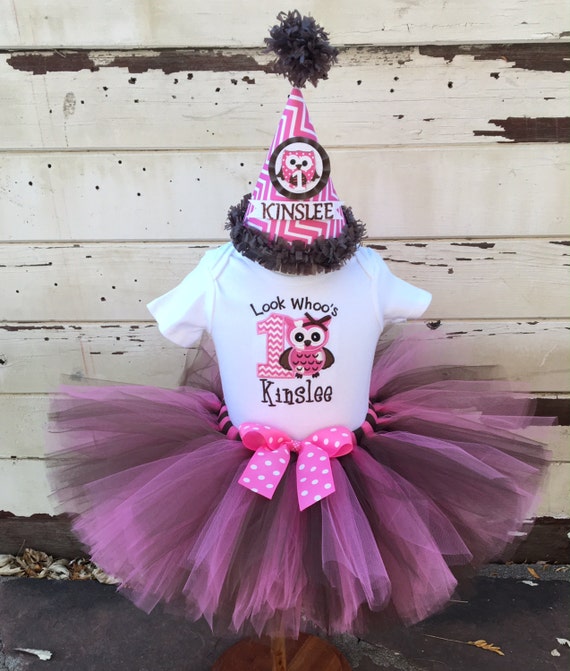 Girl Owl Tutu Outfit, Pink and Brown, 1st First Birthday Girl, Look Whoo's Turning 1, Personalized Bodysuit And Party Hat, Hair bow Il_570xn